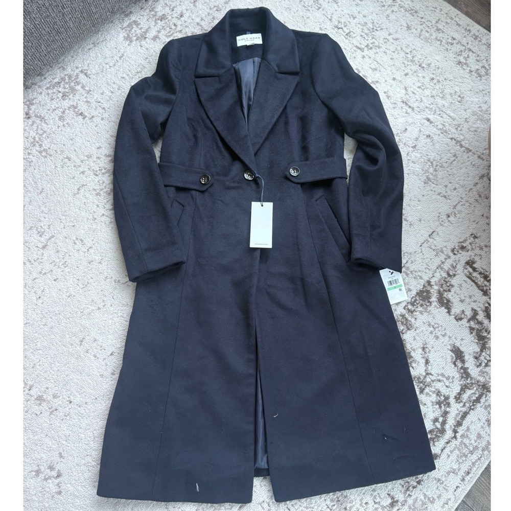 Cole Haan Signature Womens Wool Blend Long Coat Navy Blue Size 8 NEW